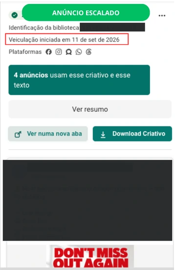 Anúncio escalado na Biblioteca de Anúncios da Meta