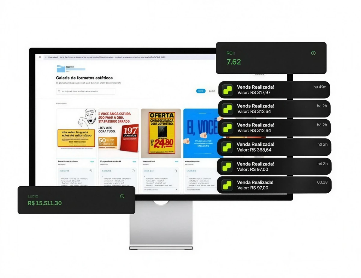 Galeria de formatos estáticos com notificações de vendas, ROI e lucro