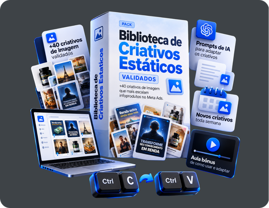 Pack Biblioteca de Criativos Estáticos Validados: +40 criativos, prompts de IA, novos criativos toda semana e aula bônus